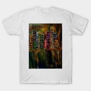 Abstract landscape painting of building reflecting in water . Painted acrylic paint and metallic paint. T-Shirt